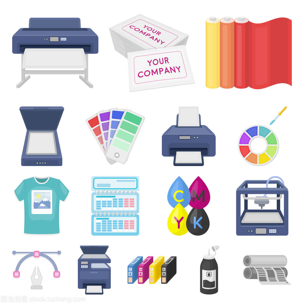 印刷產品卡通圖標集合中的設計。印刷和設備矢量符號庫存 web 插圖